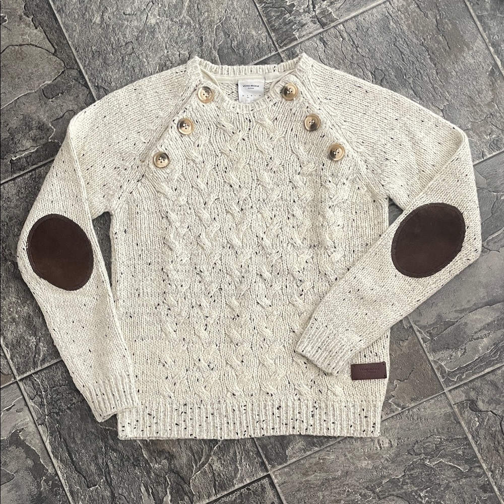 VERO MODA Women’s Cream Cable Knit Cottagecore Collegiate Elbow Patch Sweater